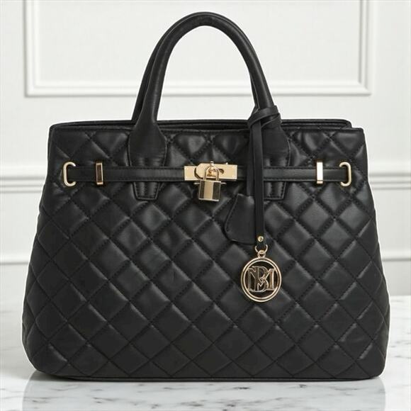 Badgley Mischka Large Diamond Quilted Black Vegan Leather Tote Bag New With Tags - Picture 1 of 10